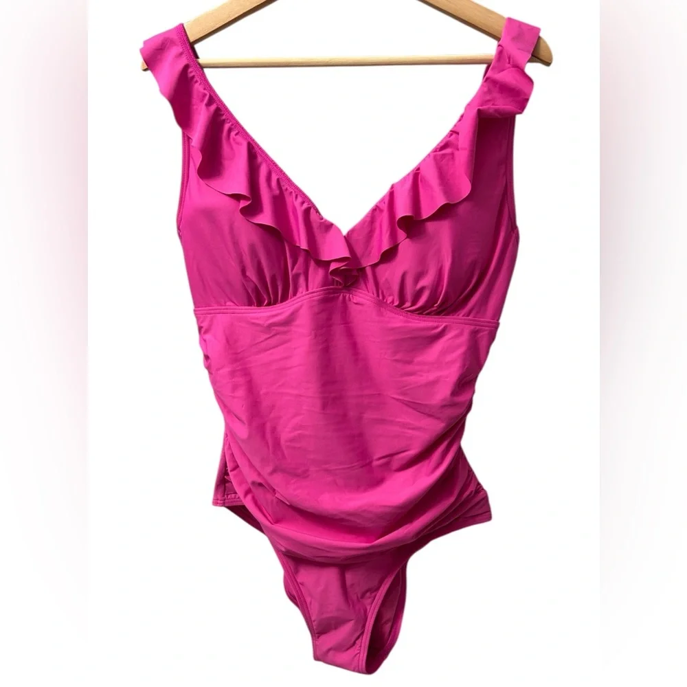 DKNY Ruffled Plunge V-Neck Shirred One-Piece Swimsuit - Picture 2 of 5